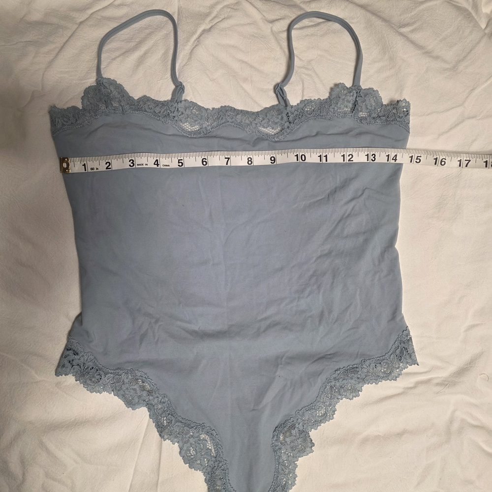 SKIMS Lace Trim Chemise Bodysuit - Light Blue Everyday Snap Crotch